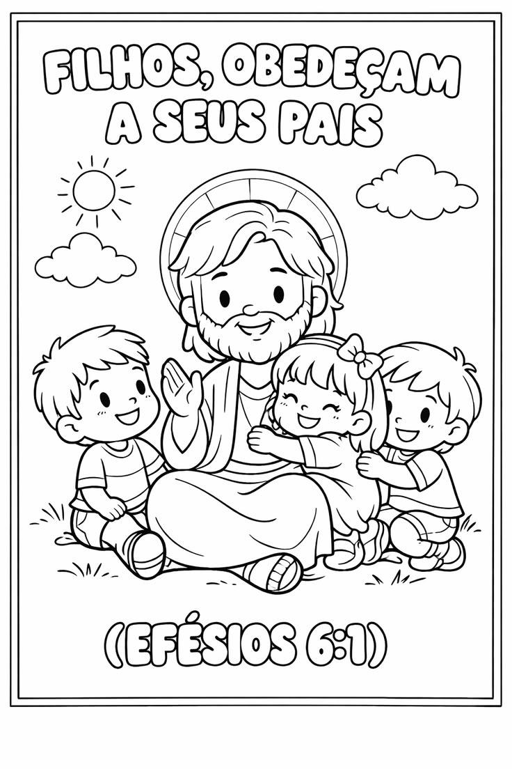 Versículo para colorir de Efésios 6:1 com Jesus e as crianças