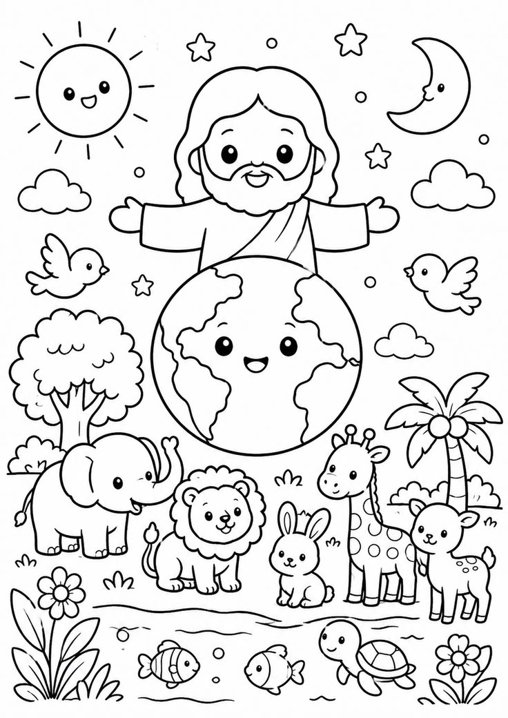 Atividade para colorir com Jesus, o mundo e os animais