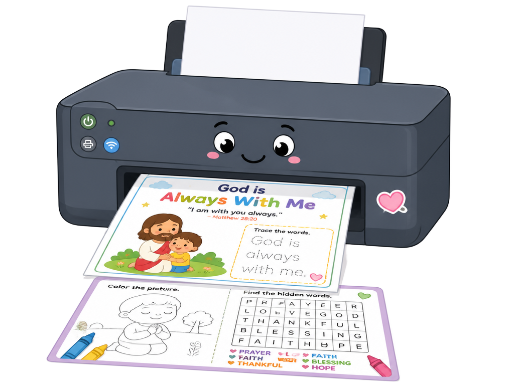Impressora imprimindo as páginas do devocional infantil